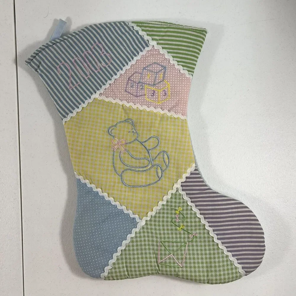 Vintage 2003 Pastel Stocking‎ Embroidered Teddy Bear Blocks Patchwork Baby